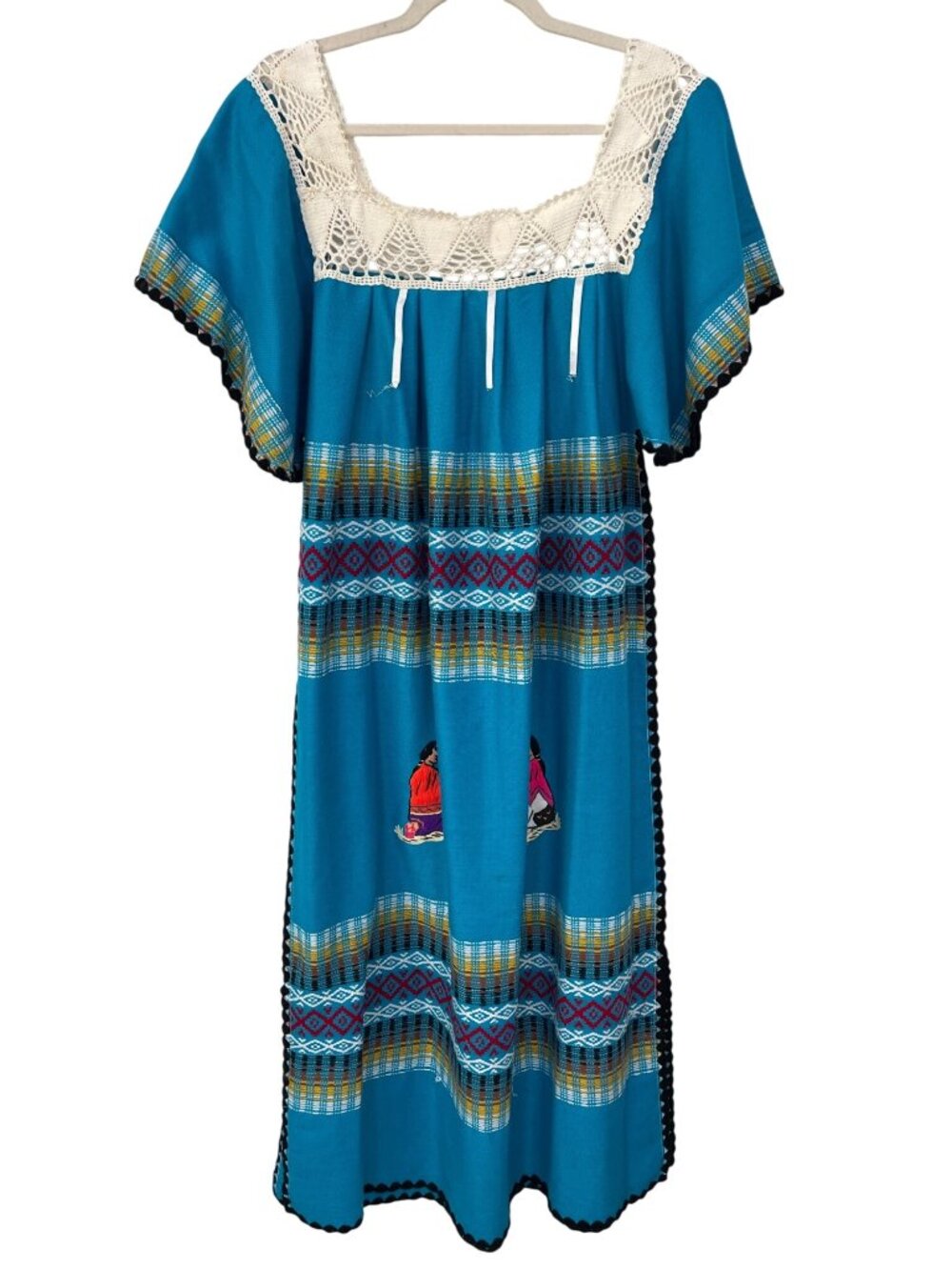 Vintage 90s Maxi Dress Large Mexican Embroidered Crochet Detail Teal Blue Multi